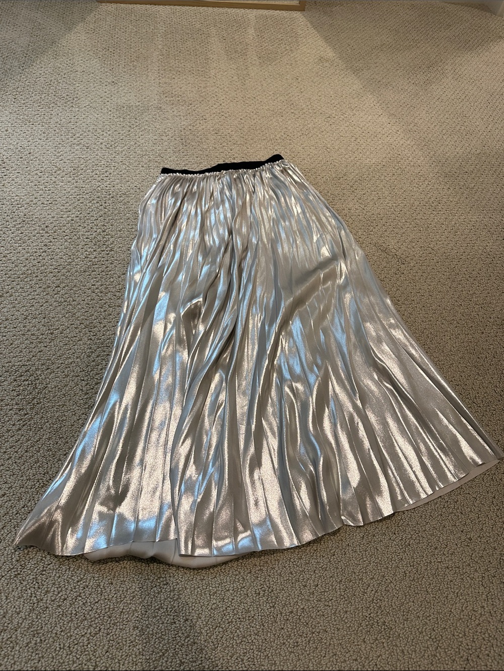 Zara Silver Pleated Midi Skirt with Black Waistband